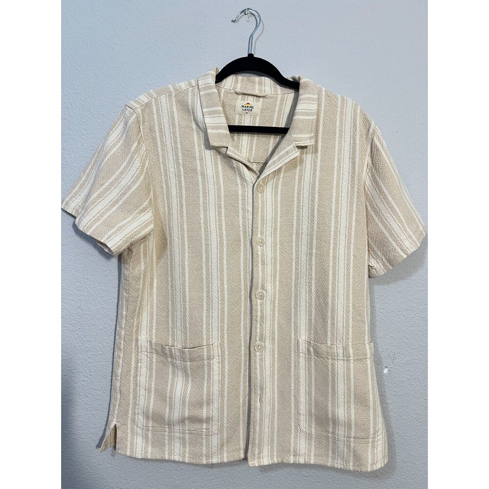 Marine Layer Striped Textured Button Up Shirt M L Cream Beige Camp Collar